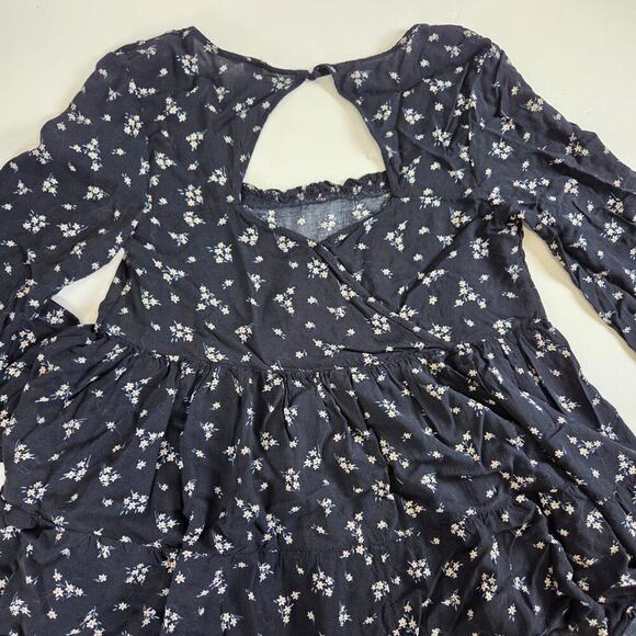 American Eagle Babydoll Navy Floral Top Small Long Sleeve Keyhole Back - Picture 5 of 7